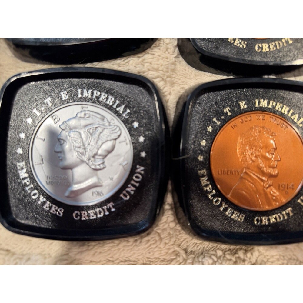 6 Piece Vintage Plastic Coin Medallion Credit Union Coaster Set - Picture 3 of 5